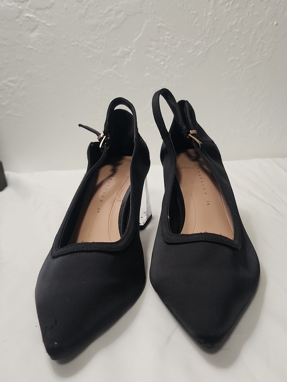 Zara Black Pointed Slingback Heels with Gold Buckle